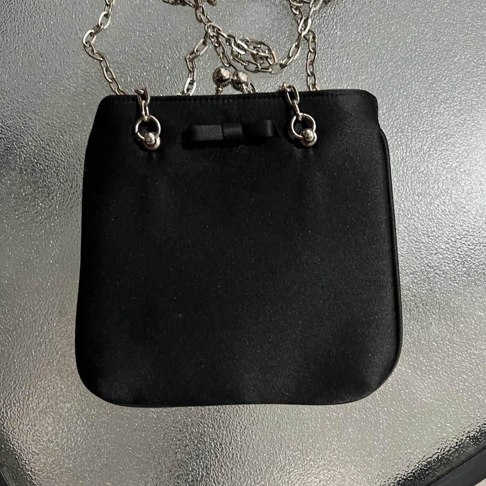 Black satin shoulder bag with silver chain